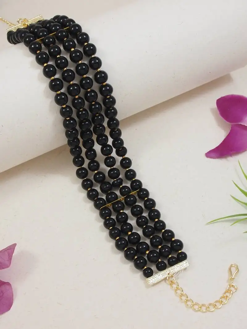 18k gold plated black pearl beaded stylish moti choker necklace for women & girls