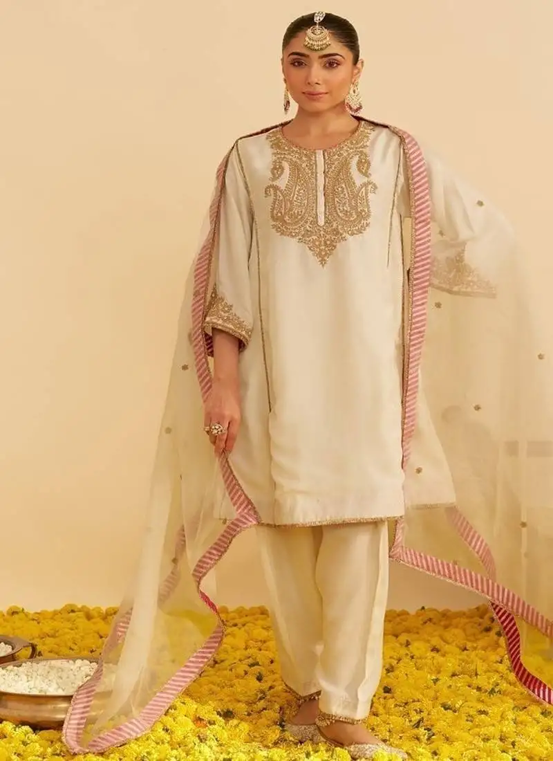 Ivory embroidered silk kurta set with dupatta