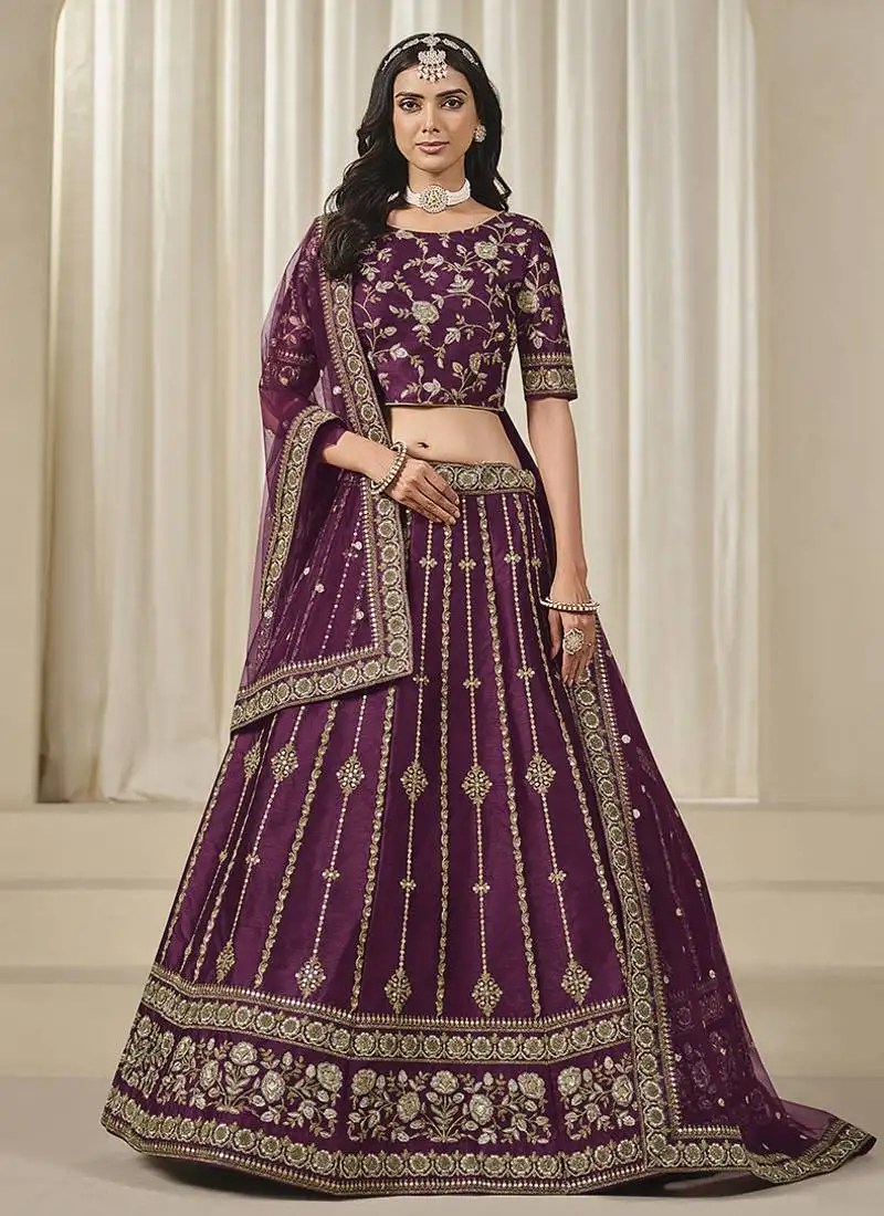 Maroon embroidered sequins work art silk lehenga choli