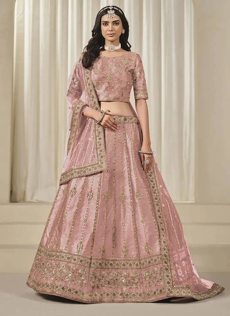 Pink embroidered sequins work art silk lehenga choli