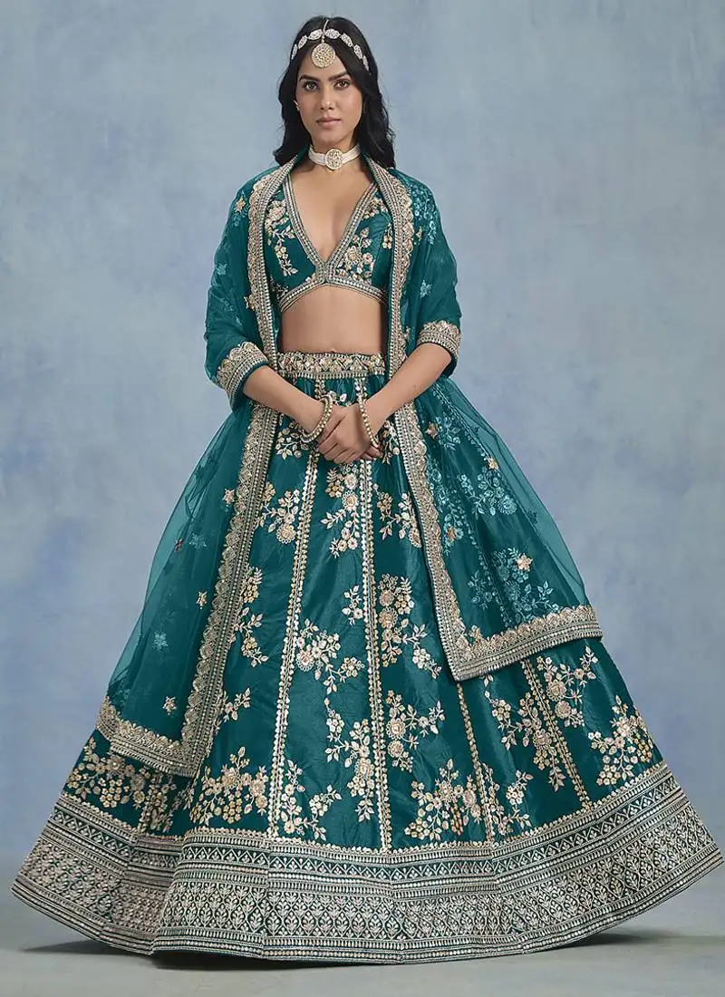 Teal embroidered zari work art silk lehenga choli