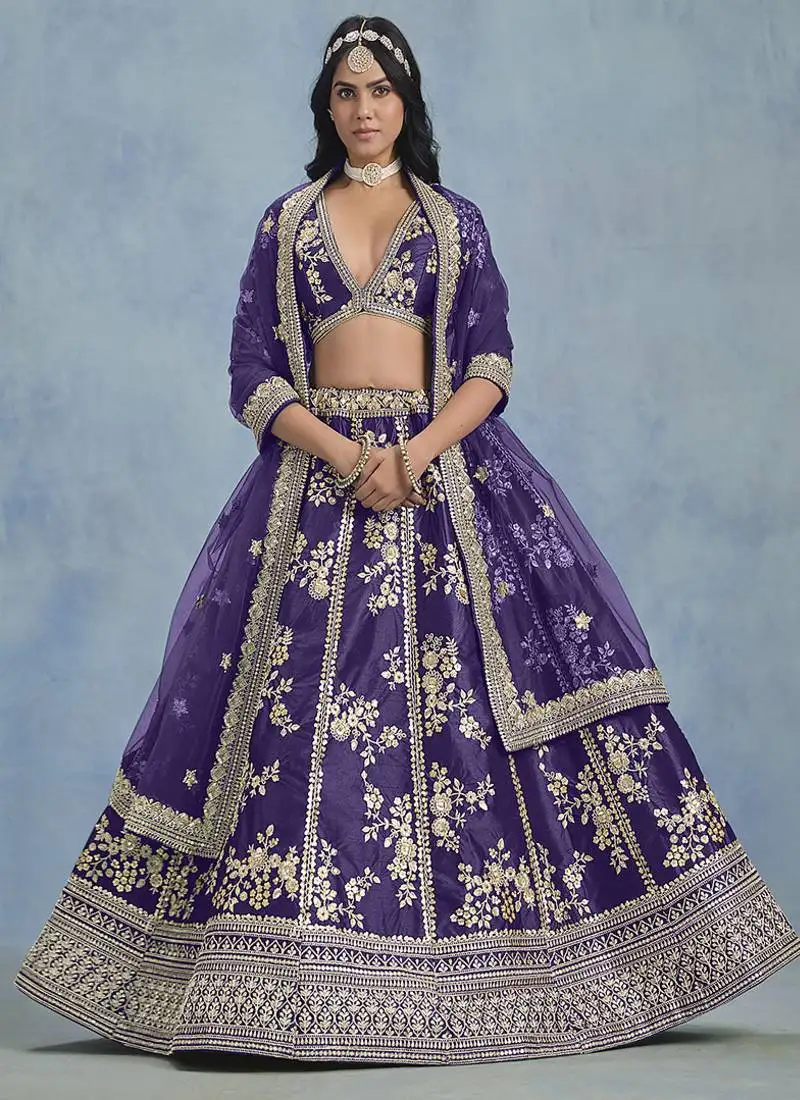 Purple embroidered zari work art silk lehenga choli