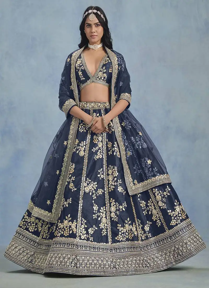 Navy-blue embroidered zari work art silk lehenga choli