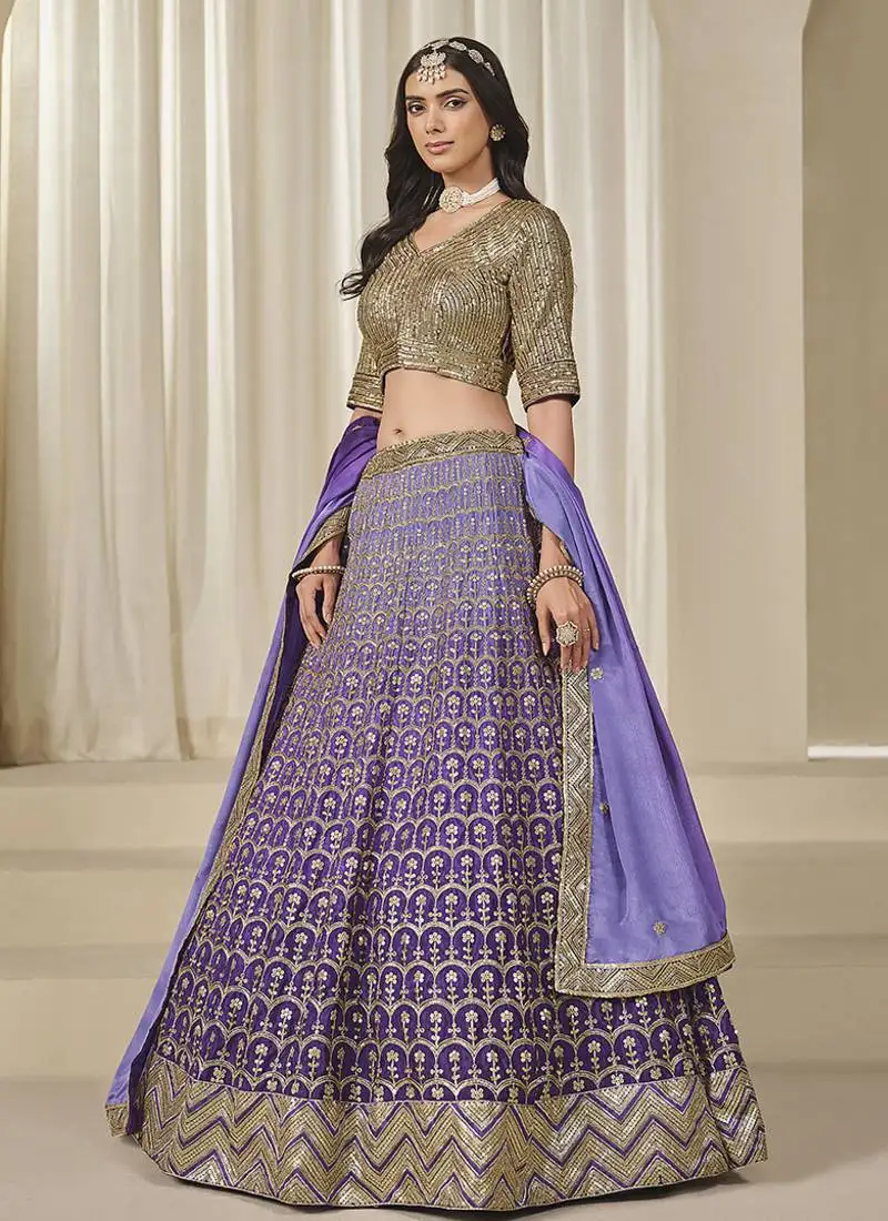 Purple embroidered sequins work chinon silk lehenga choli