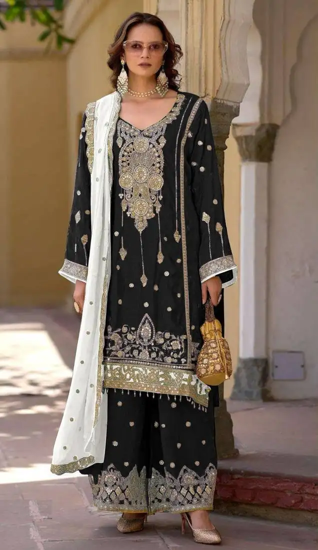 Black embroidered chinon semi-stitched palazzo style salwar suit semi stitched