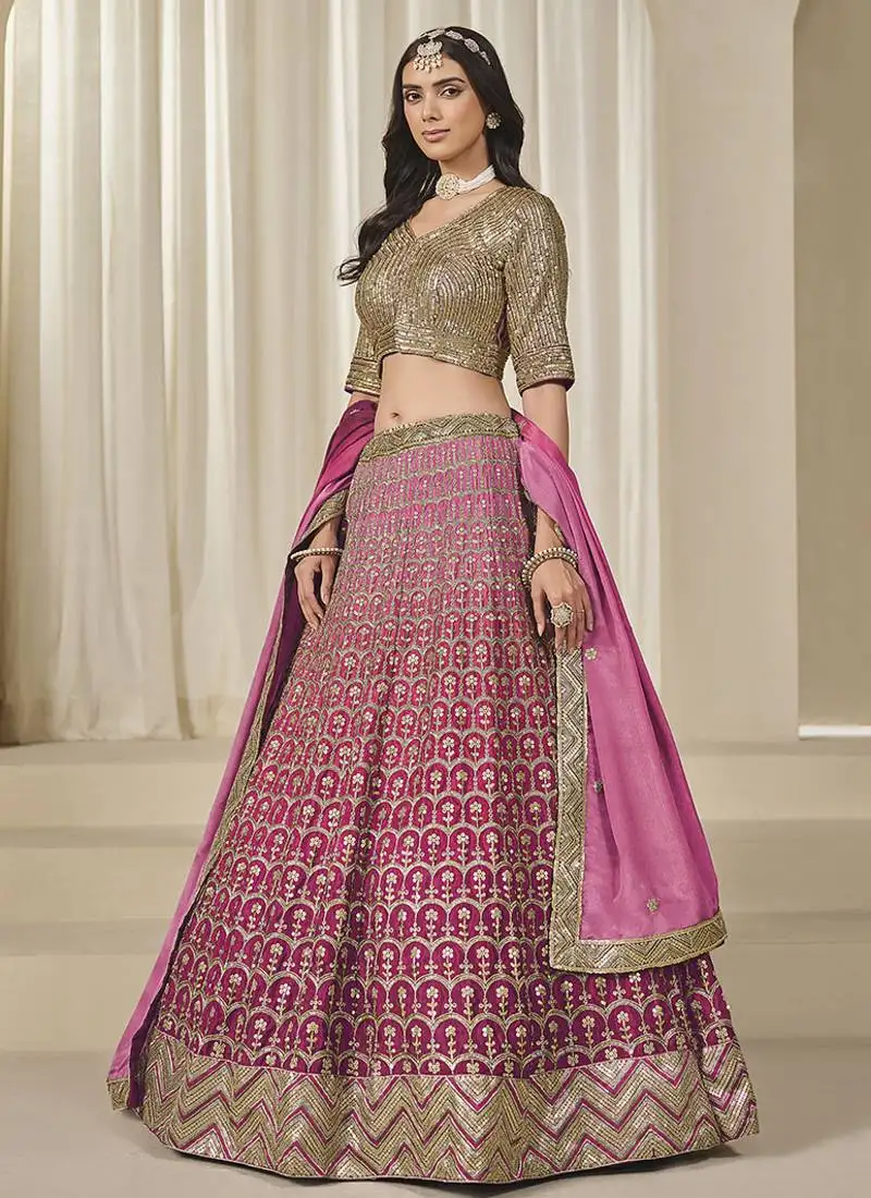 Pink embroidered sequins work chinon silk lehenga choli