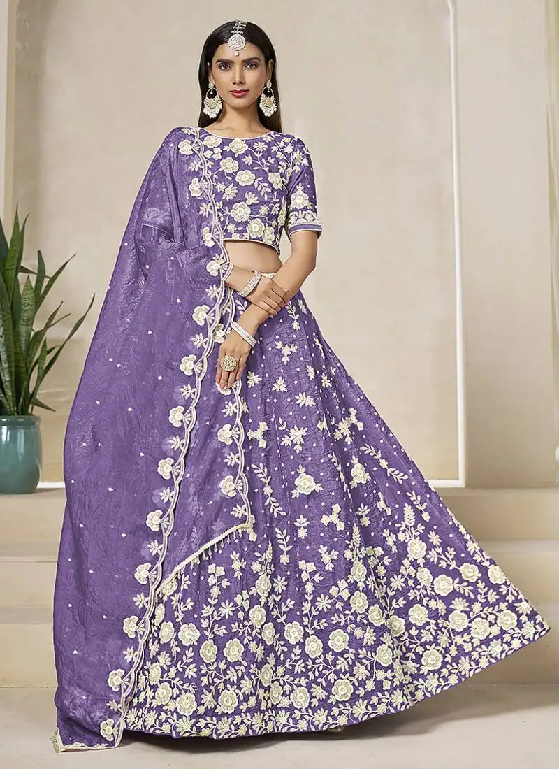 Purple embroidered sequins work organza lehenga choli