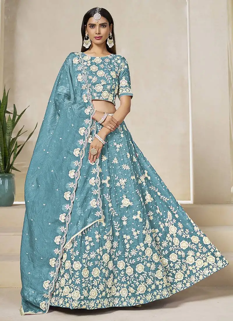 Sky blue embroidered sequins work organza lehenga choli