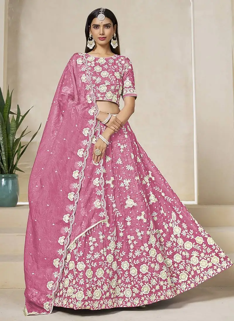 Pink embroidered sequins work organza lehenga choli