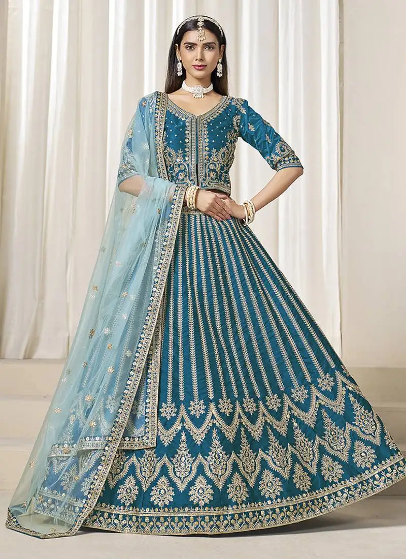 Aqua-blue embroidered sequins work art silk lehenga choli