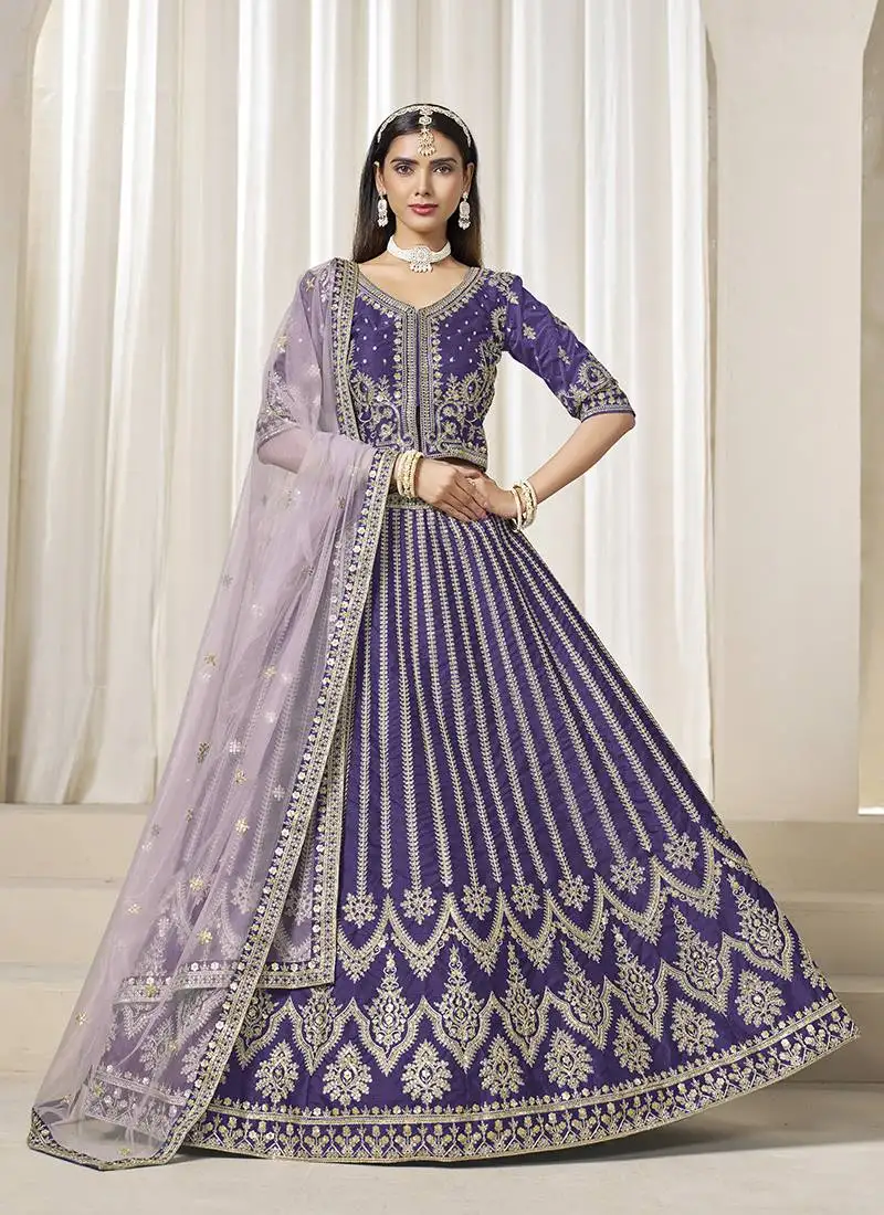 Purple embroidered sequins work art silk lehenga choli