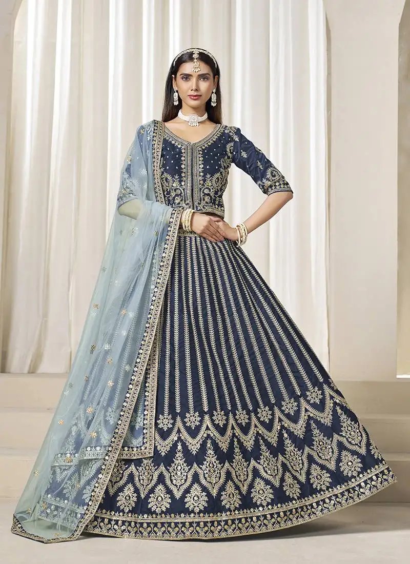 Navy blue embroidered sequins work art silk lehenga choli