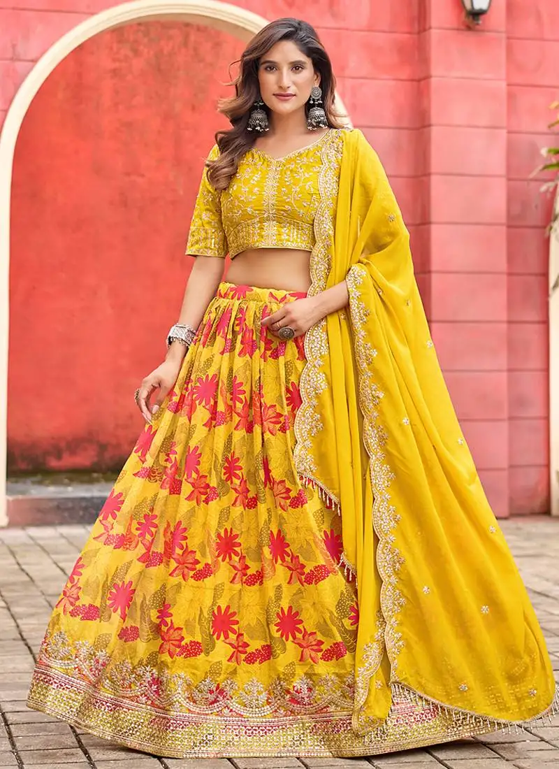 Yellow embroidered sequins work art silk lehenga choli