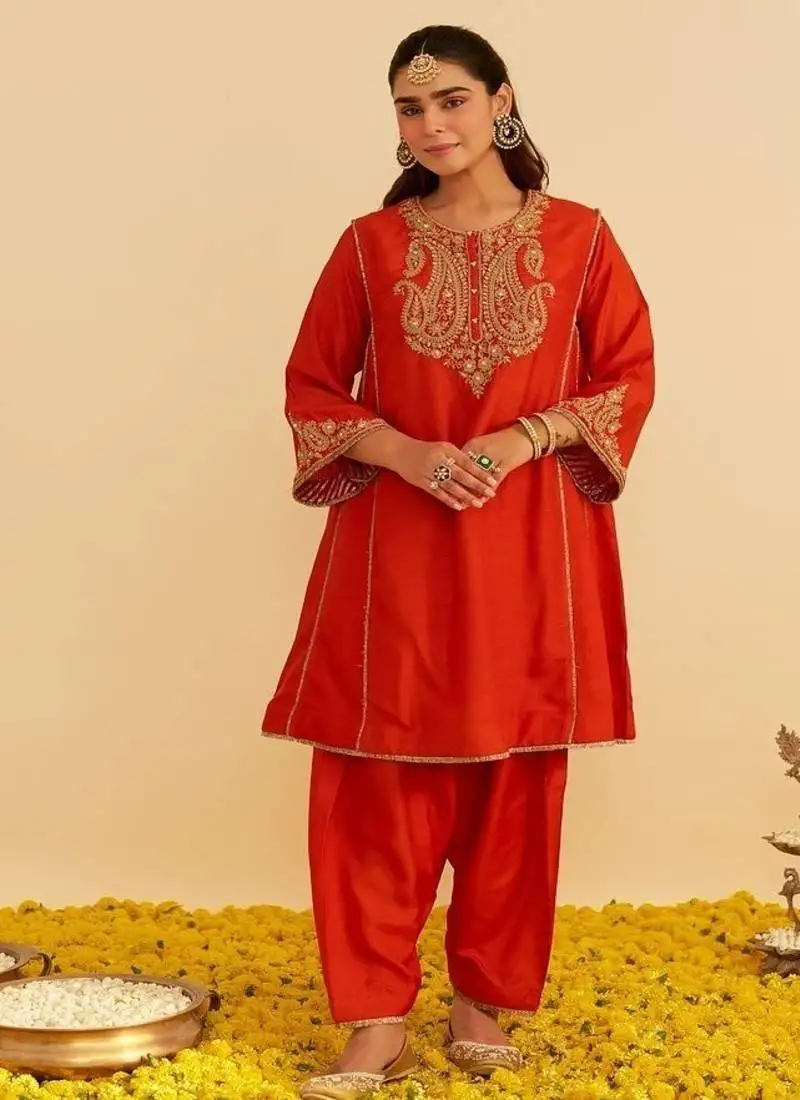 Orange embroidered silk kurta set with dupatta