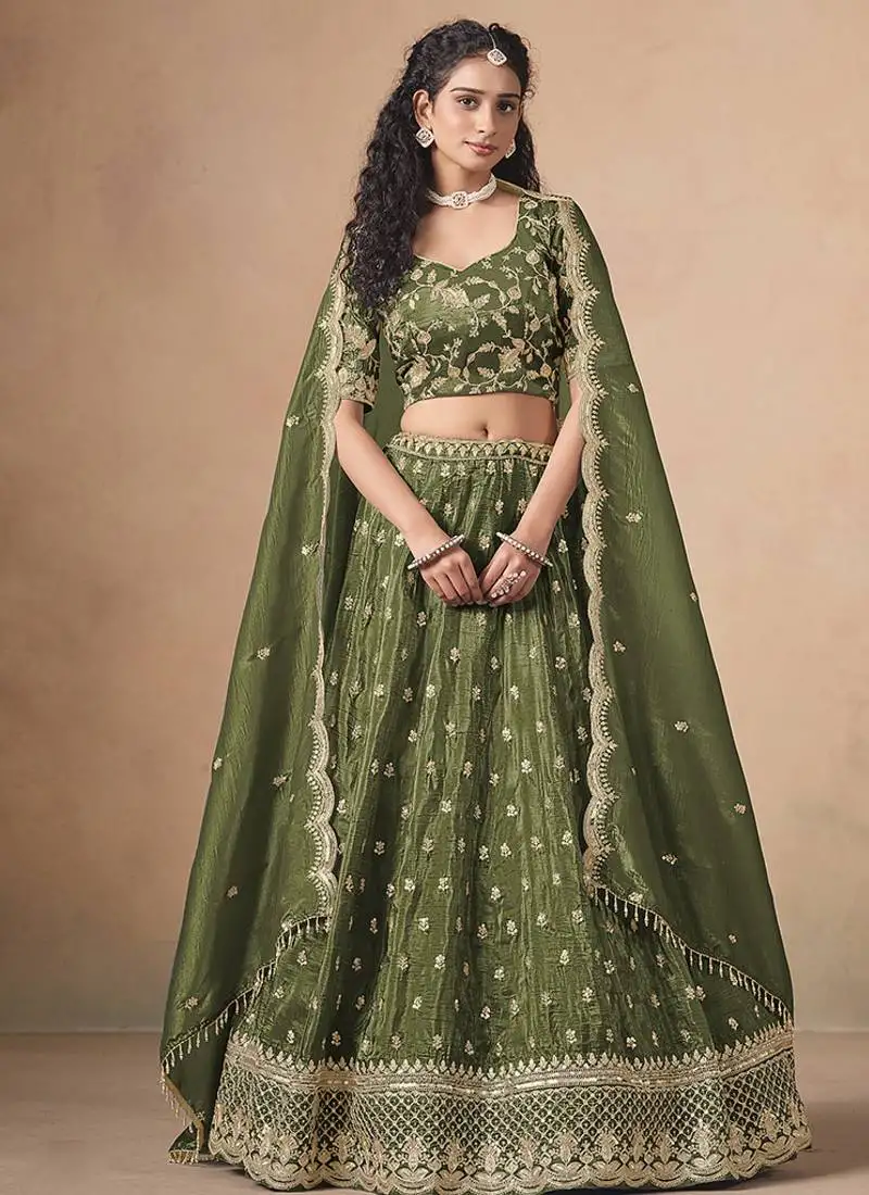 Green embroidered sequins work soft organza lehenga choli