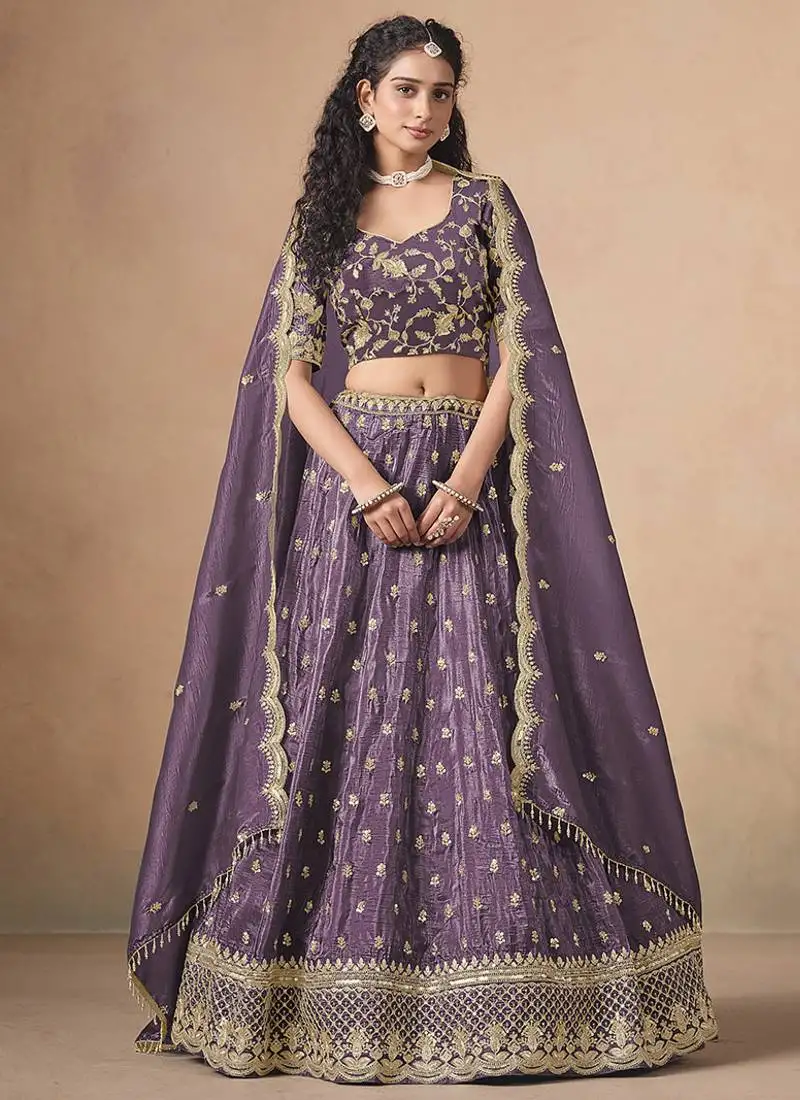 Lavender embroidered sequins work soft organza lehenga choli