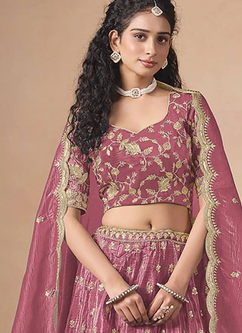 Pink embroidered sequins work soft organza lehenga choli