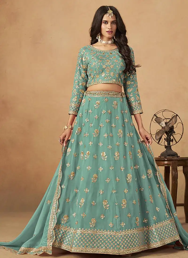 Turquoise embroidered sequins work organza lehenga choli