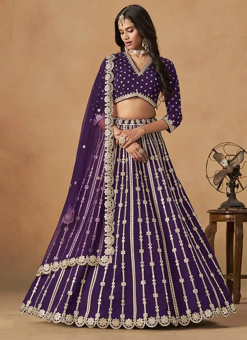 Purple embroidered gota patti art silk lehenga choli