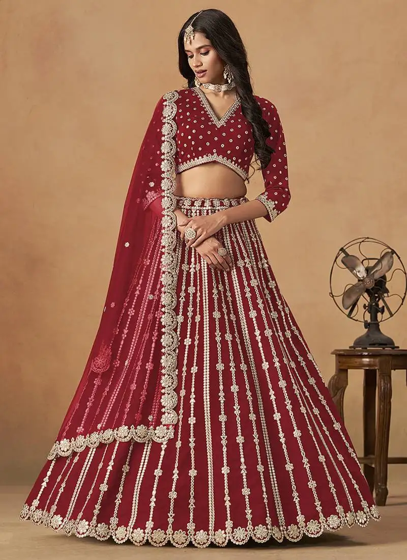 Red embroidered gota patti art silk lehenga choli