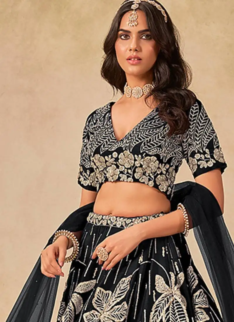 Black embroidered sequins work art silk lehenga choli