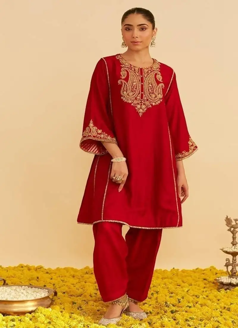 Red embroidered silk kurta set with dupatta