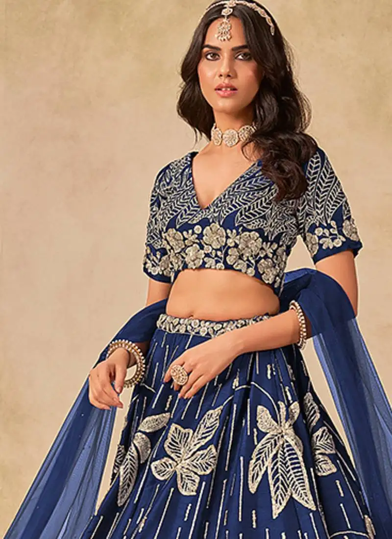 Blue embroidered sequins work art silk lehenga choli