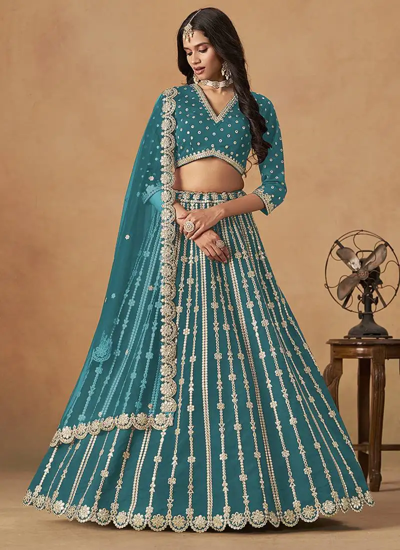 Teal-blue embroidered gota patti art silk lehenga choli