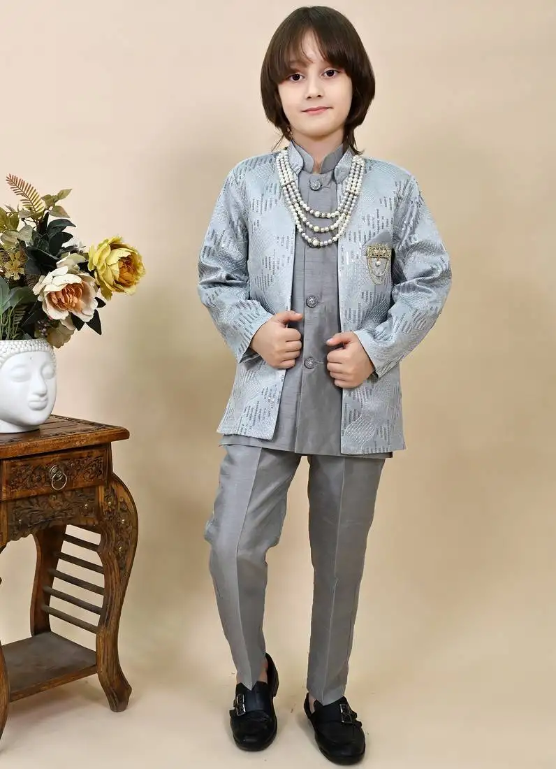 Boys grey silk sequined embroidered wavy motifs sherwani set