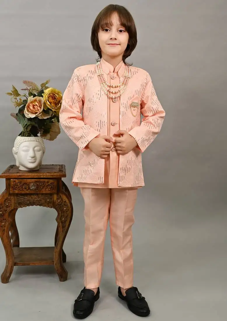 Boys peach silk sequined embroidered wavy motifs sherwani set