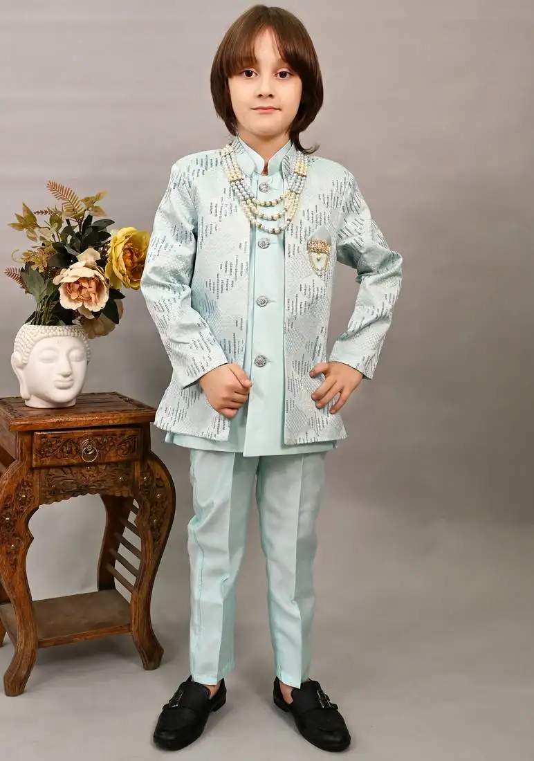 Boys sky blue silk sequined embroidered wavy motifs sherwani set