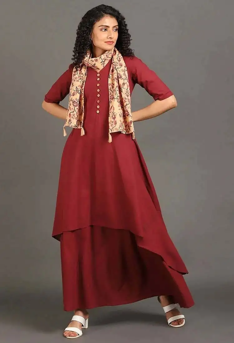 Maroon pure cotton layered dress (1 pcs)