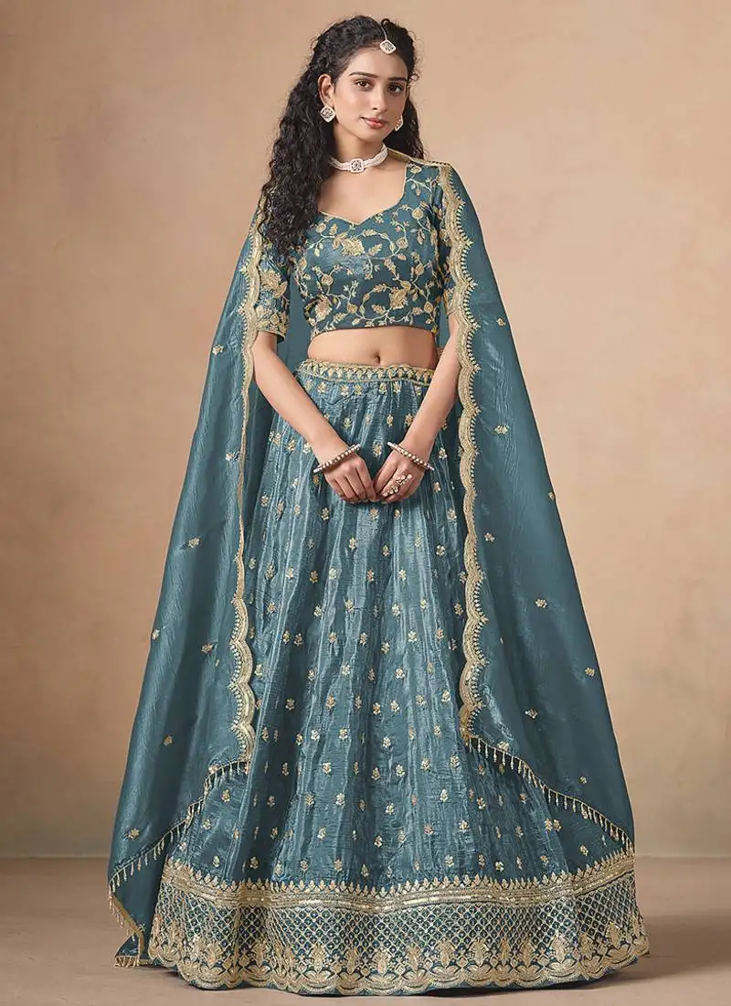 Teal-blue embroidered sequins work soft organza lehenga choli