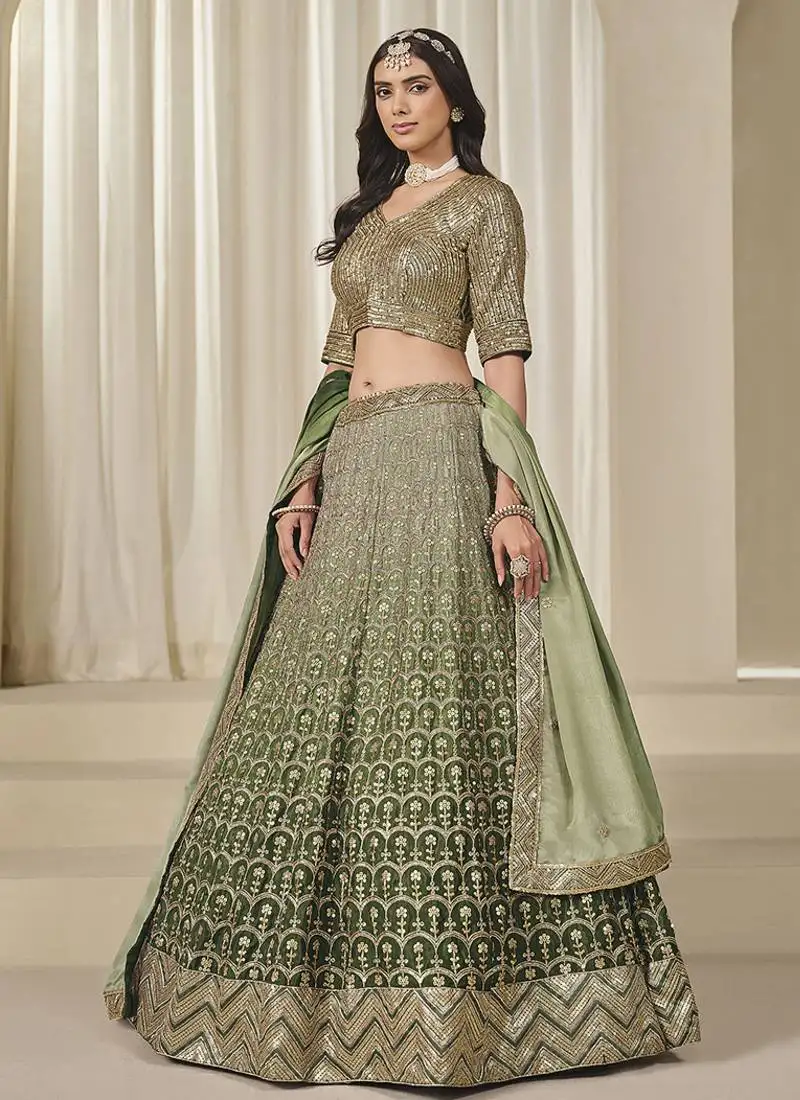 Olive green embroidered sequins work chinon silk lehenga choli