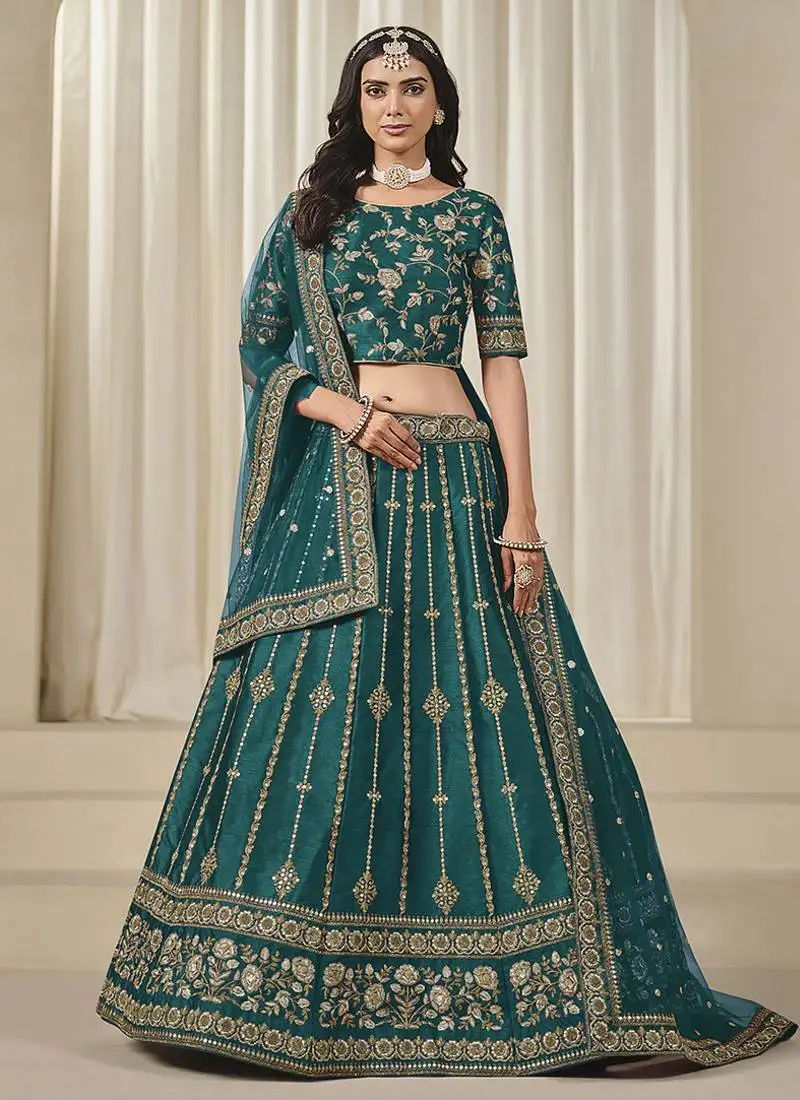 Teal embroidered sequins work art silk lehenga choli