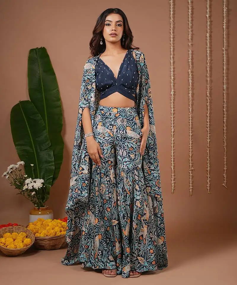 Navy blue floral printed crepe sharara set