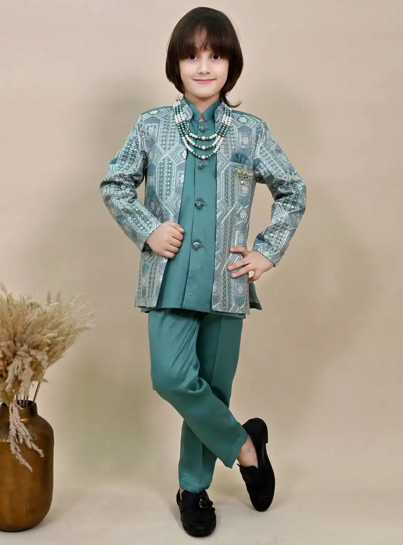 Boys sea green satin geometric sequined embroidered sherwani set