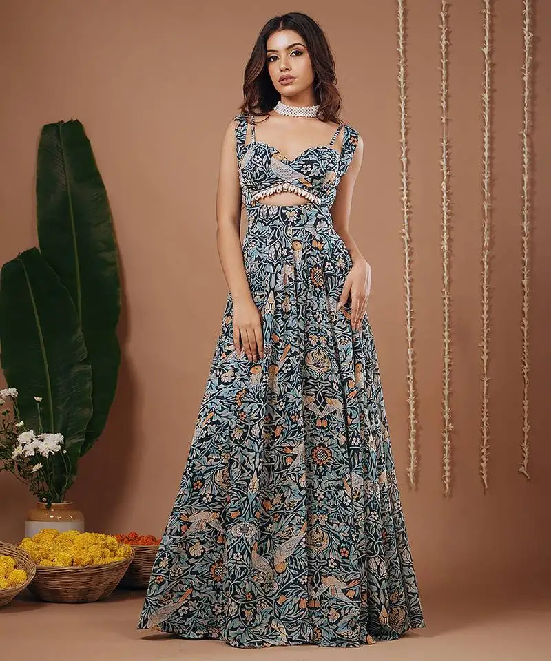Navy blue floral printed georgette dress