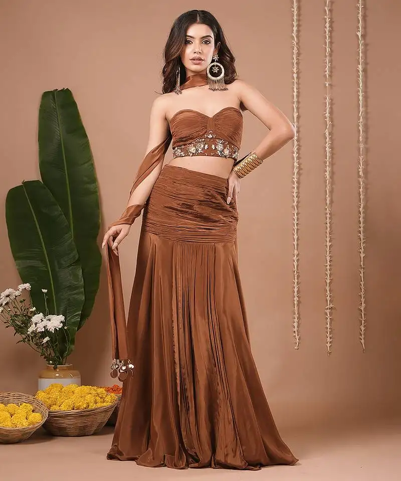 Brown plain crepe skirt set