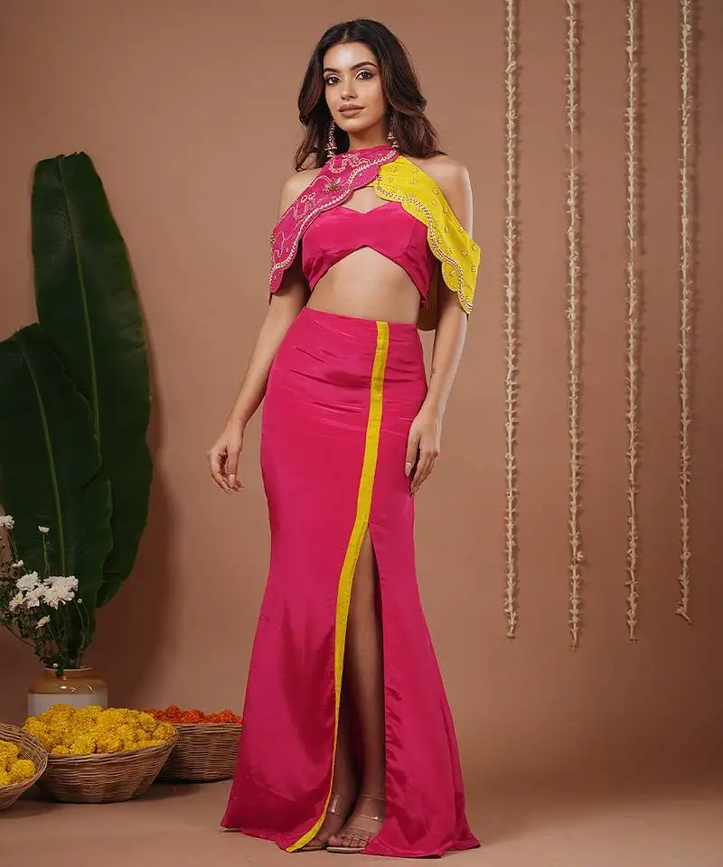 Rani-pink plain crepe skirt set