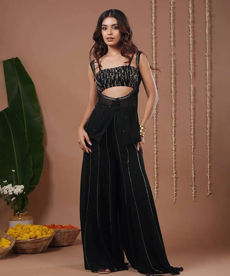 Black embroidered georgette palazzo set