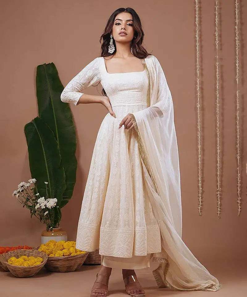 Ivory plain chiffon anarkali