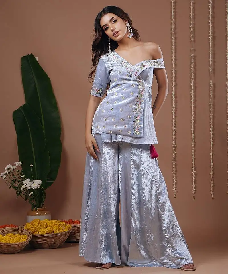 Blue embroidered velvet three piece co ord set