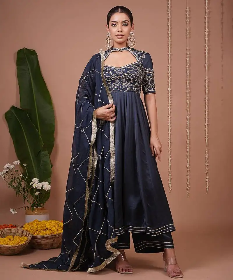 Navy blue floral printed satin anarkali