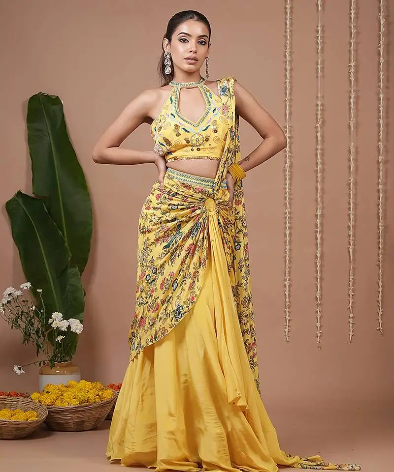 Yellow floral printed crepe pre draped saree