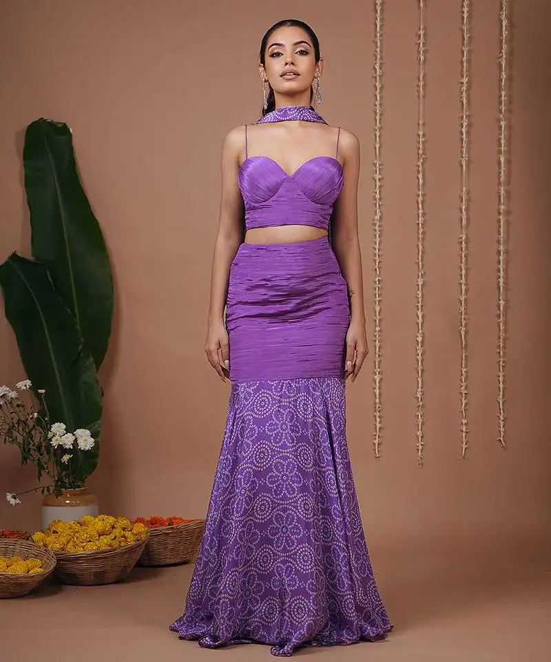 Purple floral printed crepe skirt set