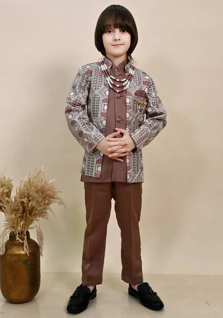 Boys coffee brown satin geometric sequined embroidered sherwani set