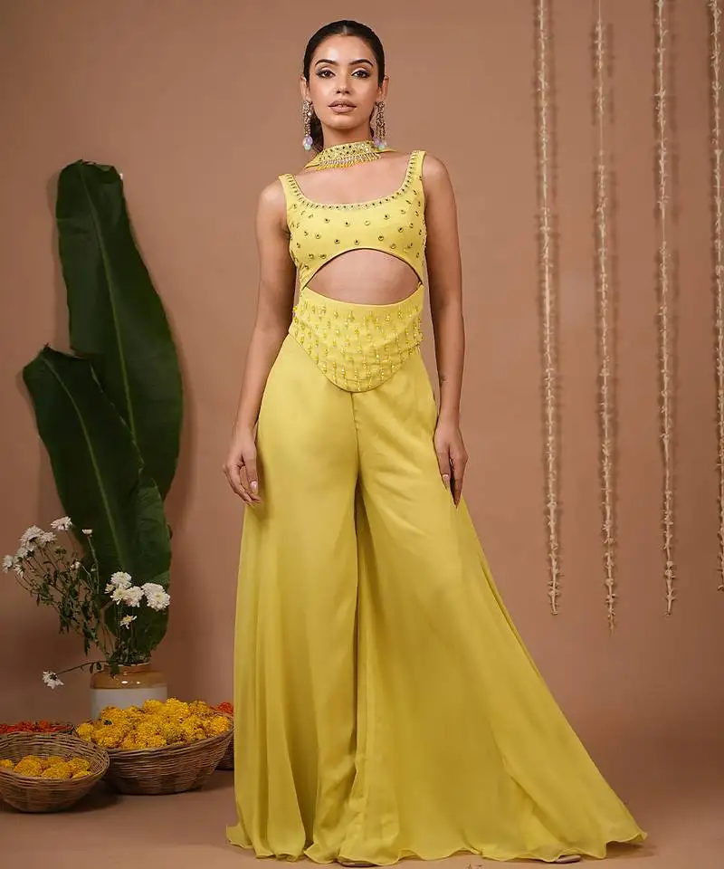 Lime plain georgette palazzo set