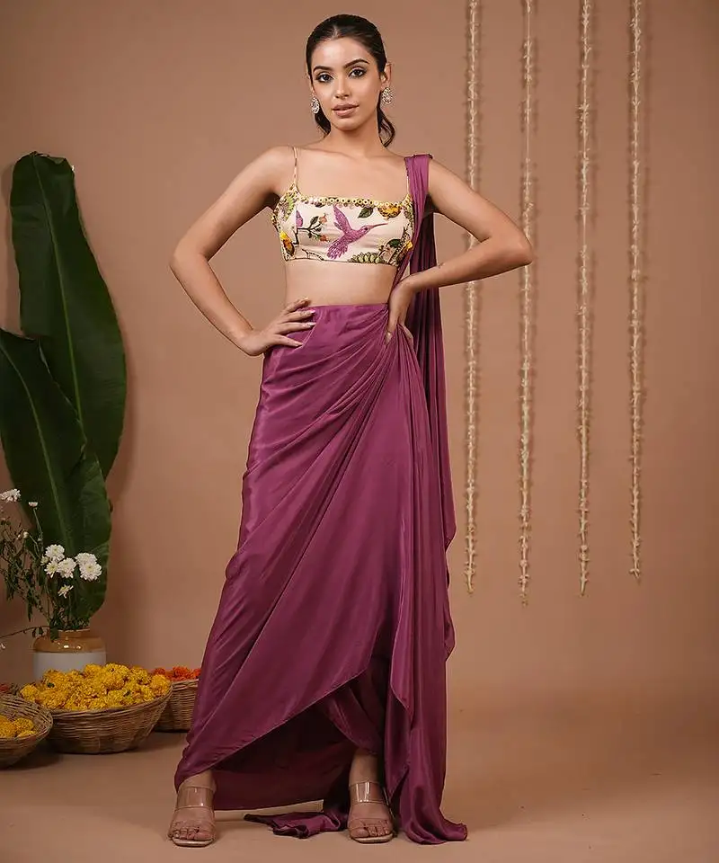 Purple plain crepe pre draped saree