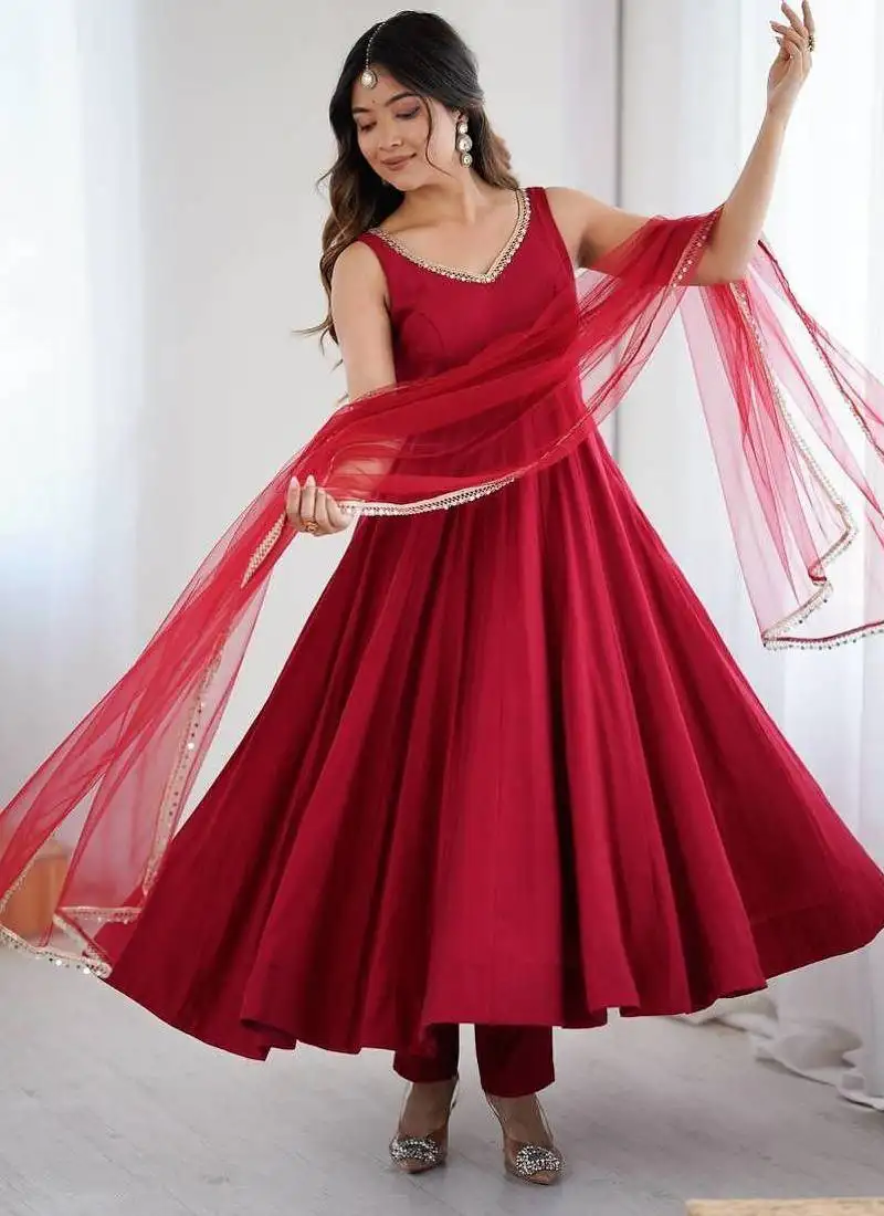 Maroon color pure roman silk mirror lace party wear gown stitched